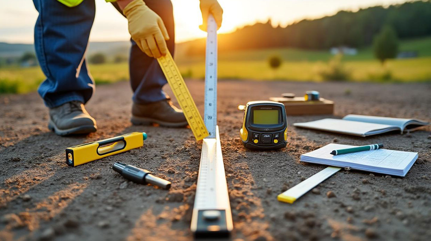 Professionnel du bâtiment de dos mesurant un terrain en pente avec un niveau laser digital dans un jardin résidentiel