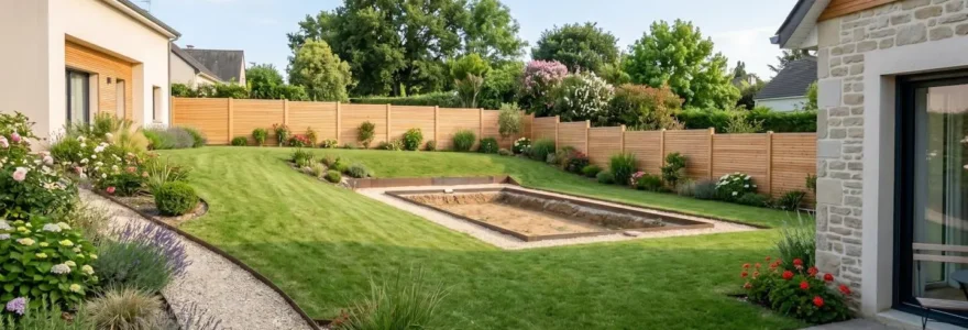 Jardin résidentiel français contemporain avec pelouse entretenue, légère pente visible et zone centrale dégagée