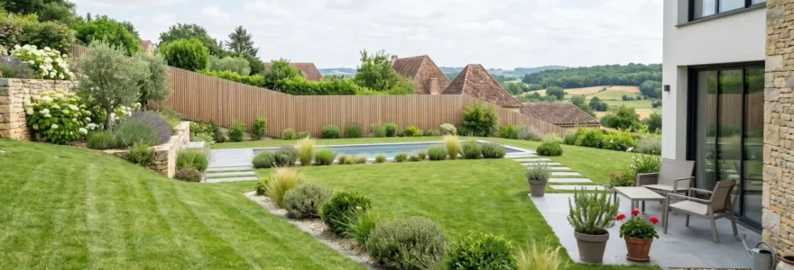Jardin résidentiel français contemporain avec pelouse entretenue, légère pente visible et zone centrale dégagée