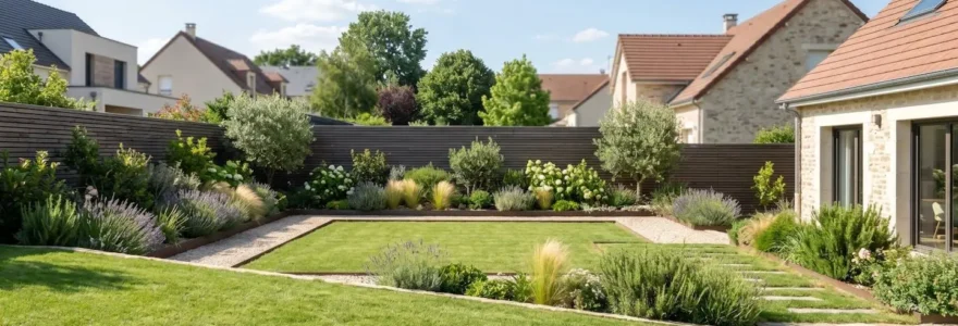 Jardin résidentiel français contemporain avec pelouse entretenue, légère pente visible et zone centrale dégagée