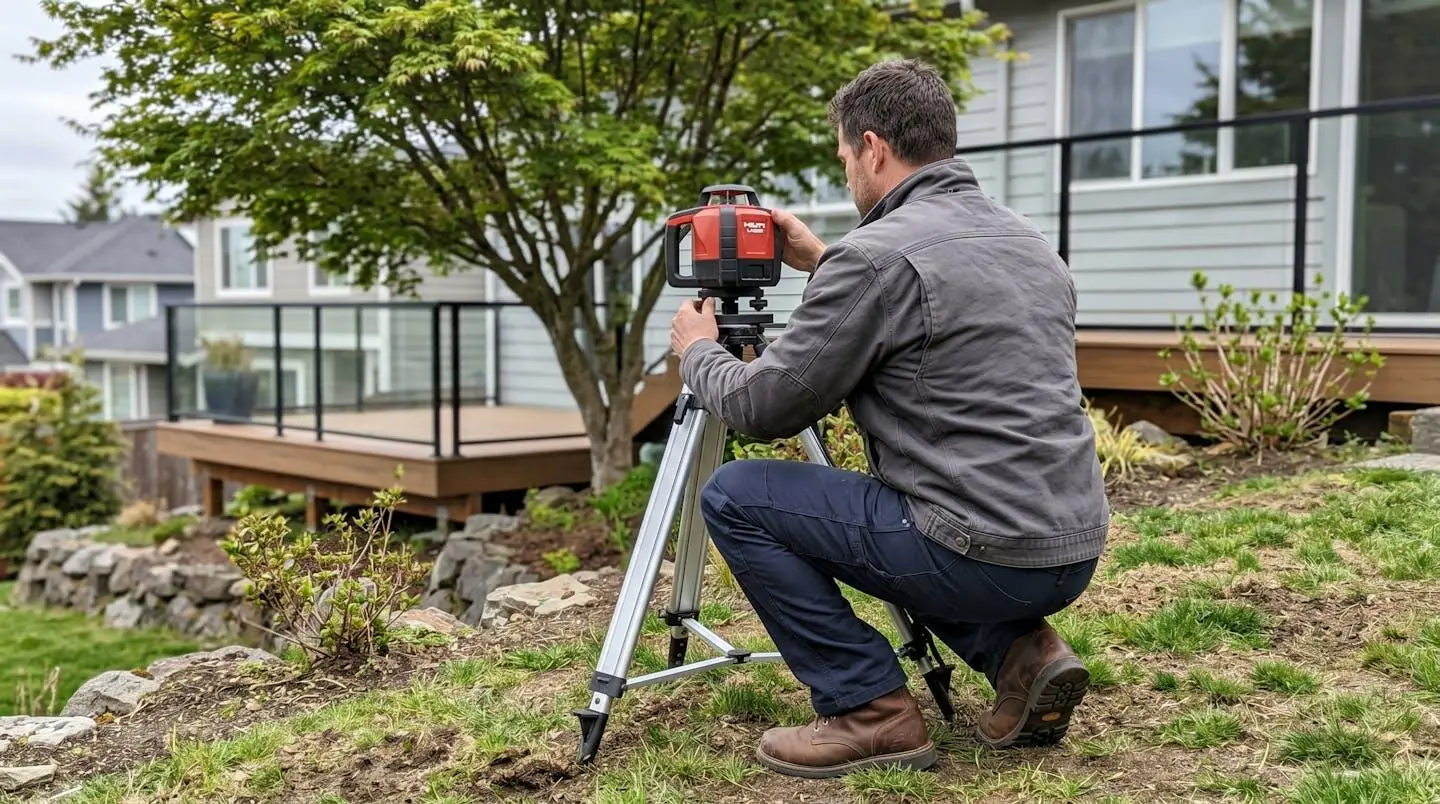 Professionnel du bâtiment de dos mesurant un terrain en pente avec un niveau laser digital dans un jardin résidentiel