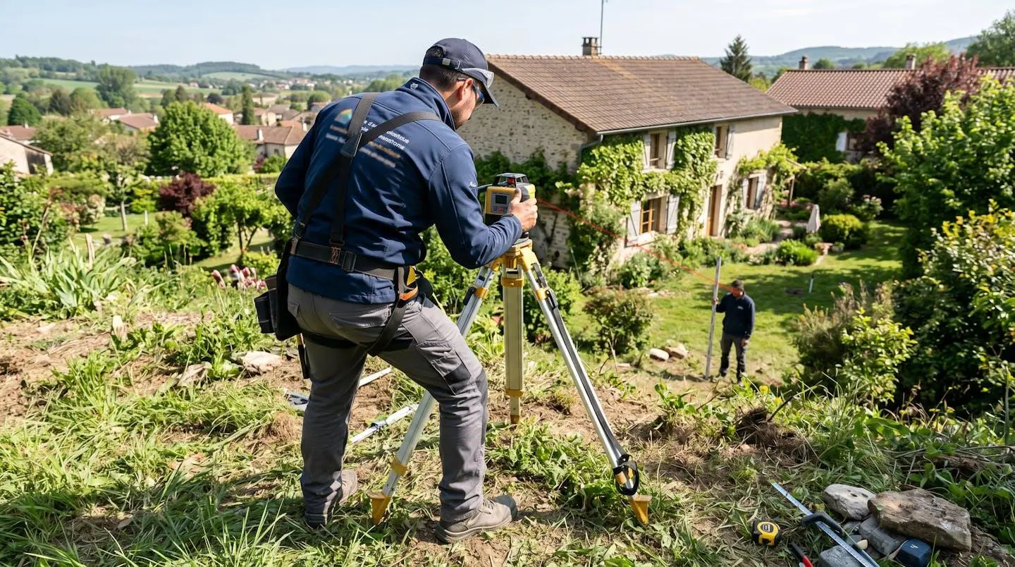 Professionnel du bâtiment de dos mesurant un terrain en pente avec un niveau laser digital dans un jardin résidentiel