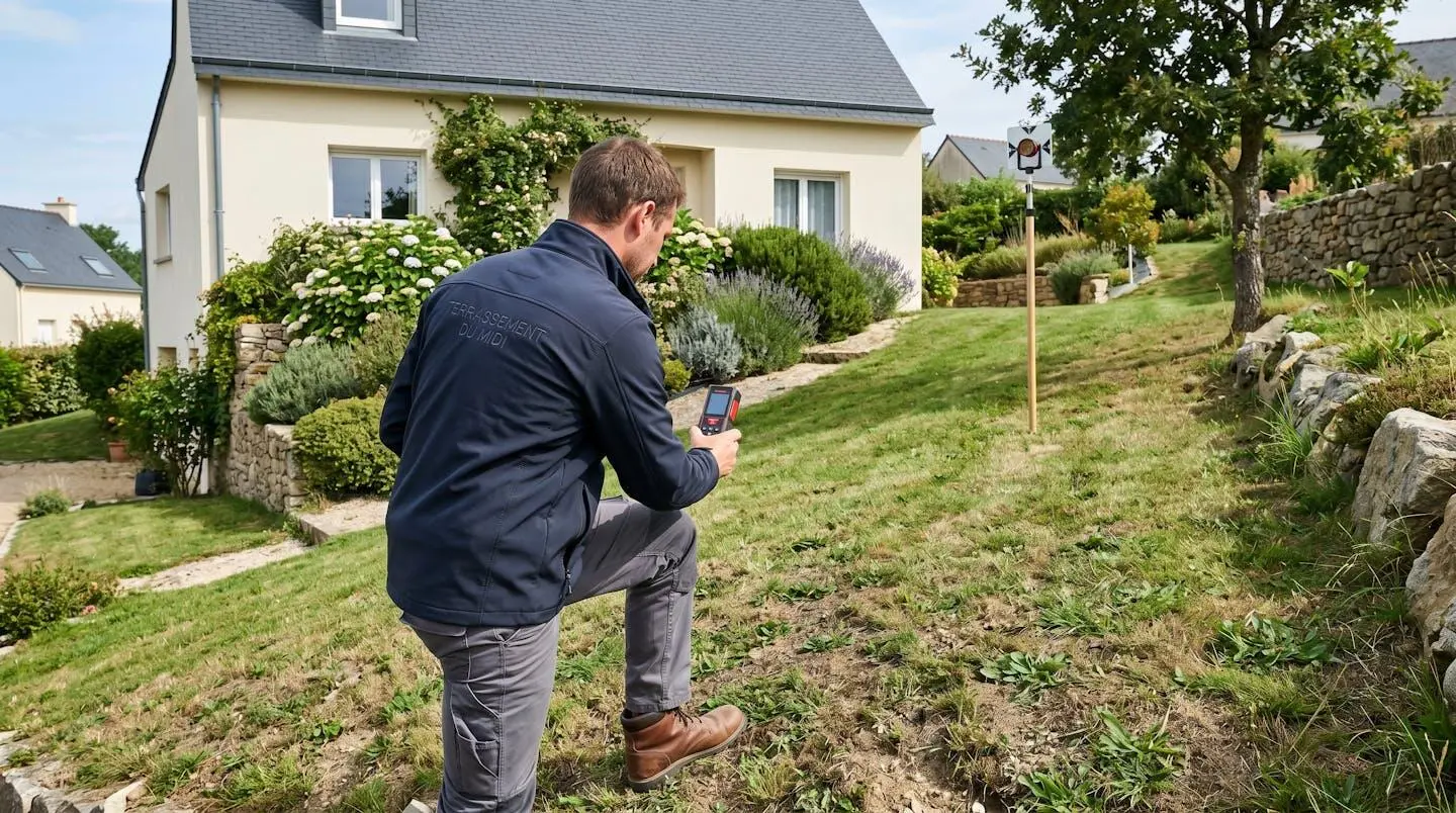 Professionnel du bâtiment de dos mesurant un terrain en pente avec un niveau laser digital dans un jardin résidentiel