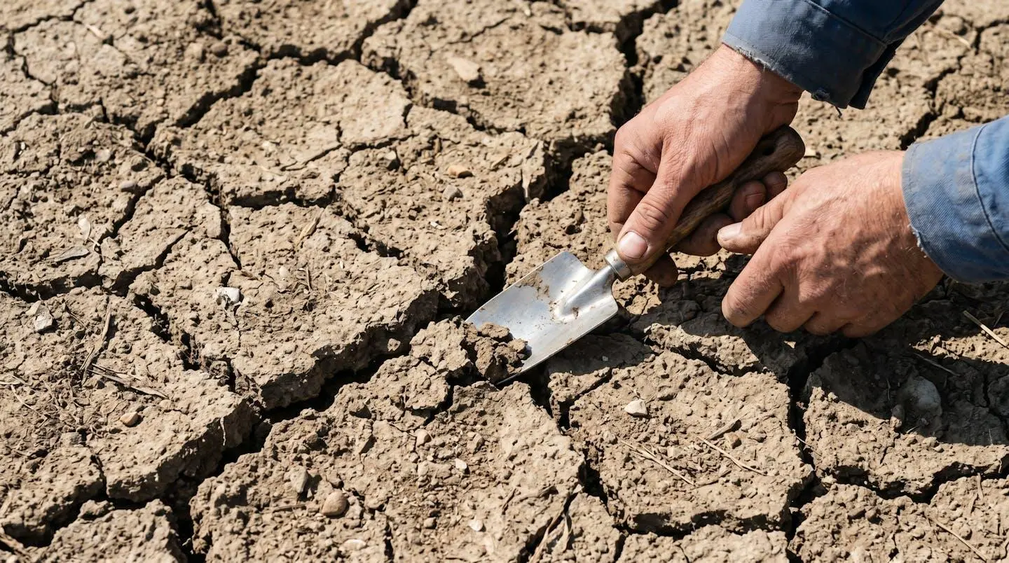 Gros plan sur une texture de sol argileux fissuré avec des mains floues prélevant un échantillon de terre