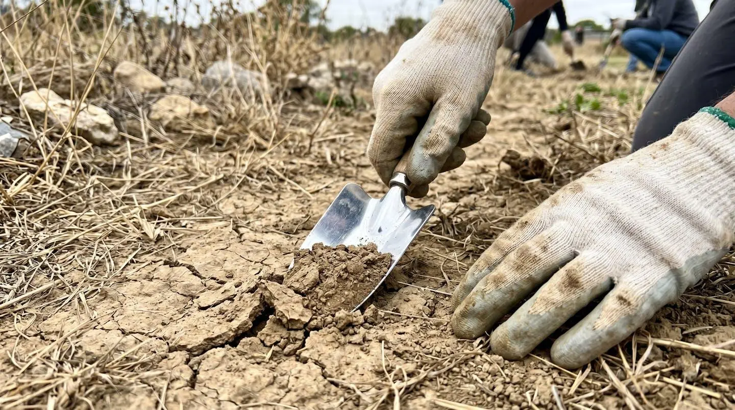 Gros plan sur une texture de sol argileux fissuré avec des mains floues prélevant un échantillon de terre