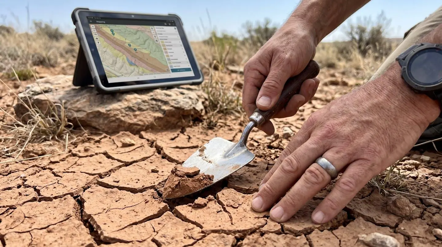 Gros plan sur une texture de sol argileux fissuré avec des mains floues prélevant un échantillon de terre